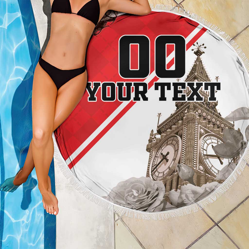 Round beach blanket with fringe, red/white Big Ben print and 'YOUR TEXT'.