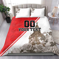 Red and white duvet bedding set with “DO YOUR TEXT” graphic, roses, and gray leaves