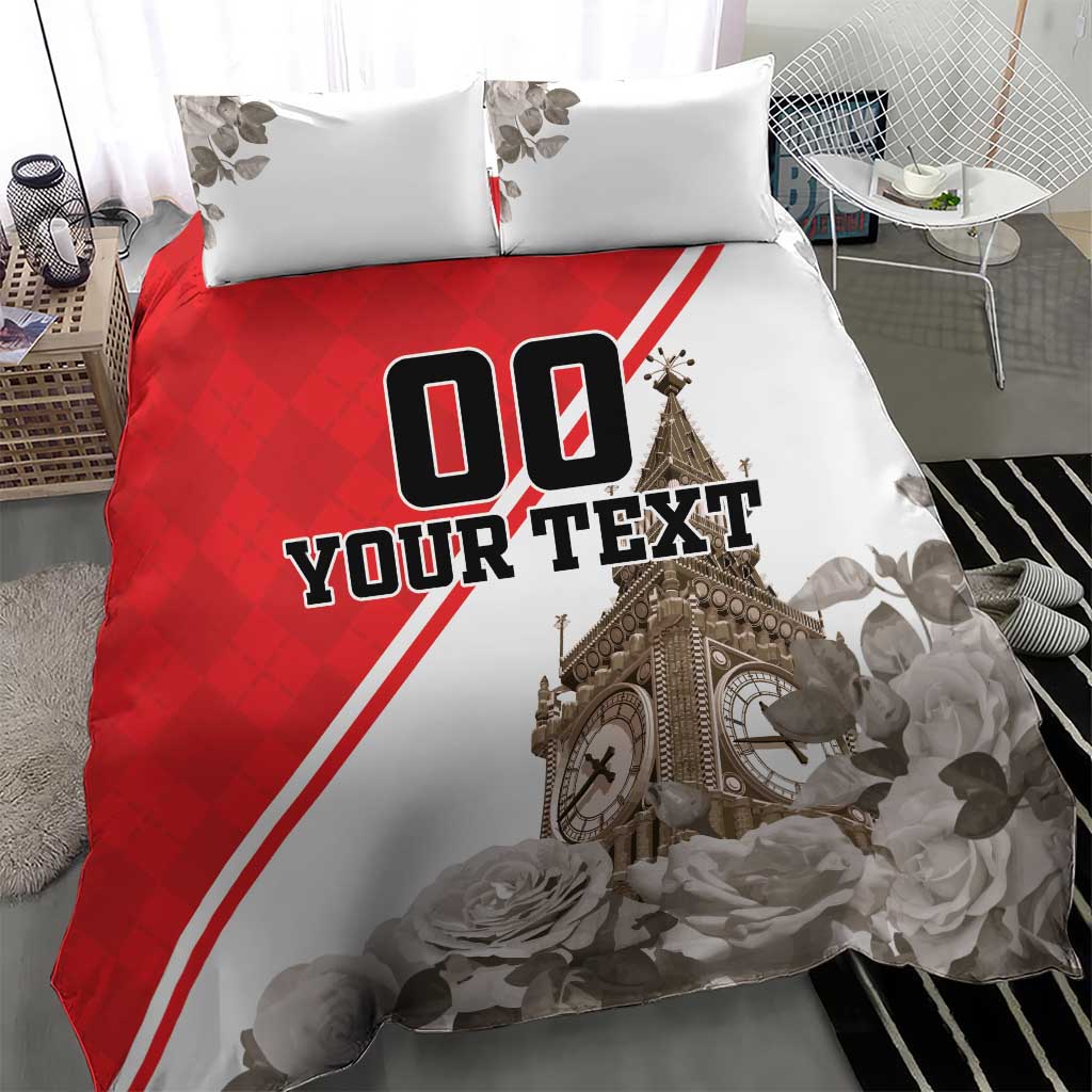 Bedding set with red-and-white quilted look, “DO YOUR TEXT” print, roses and tower