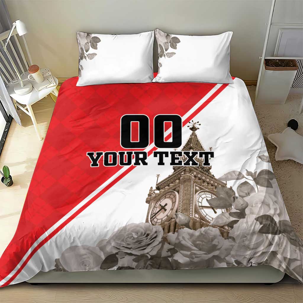 Red and white duvet cover bedding set with “DO YOUR TEXT” and clock tower motif