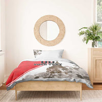 Red and white duvet cover bedding set with roses, gray leaves, and custom text
