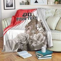 Red and white custom blanket with Big Ben, roses, and bold “YOUR TEXT” print