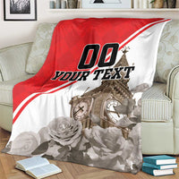 Red and white throw blanket with Big Ben artwork, roses, and “YOUR TEXT” graphic
