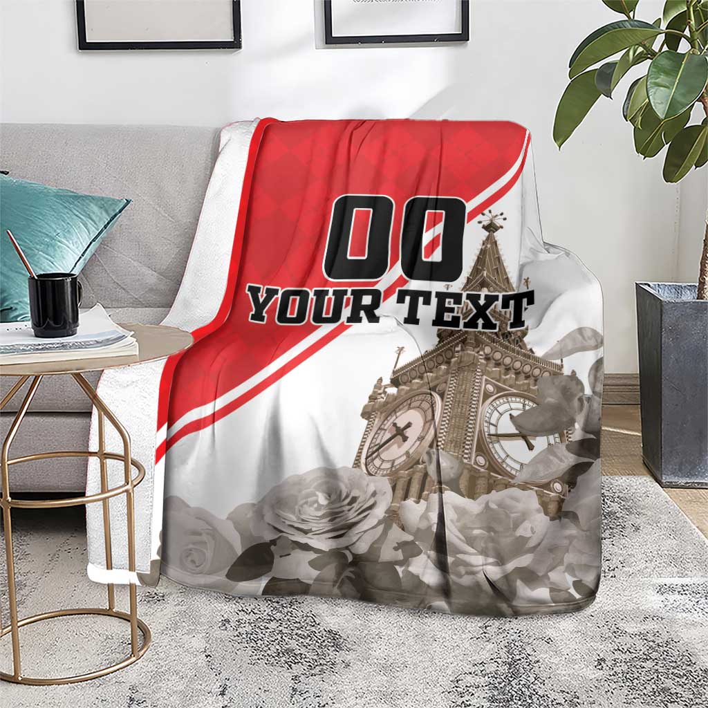 Red and white custom blanket with Big Ben, roses, and “YOUR TEXT” lettering