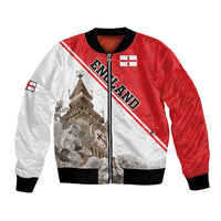 Unisex red and white bomber jacket with Big Ben, rose, and England flag stripe graphics