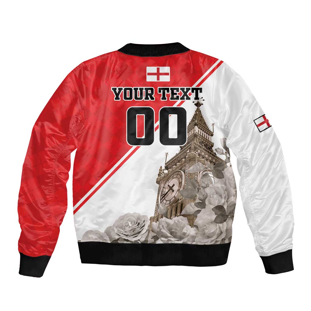 Unisex red and white bomber jacket with Big Ben rose graphic and customizable text 06