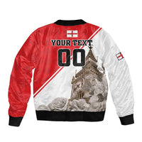 Unisex red and white bomber jacket with Big Ben rose graphic and customizable text 06