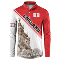 Red and white button sweatshirt with England graphic, roses, and Big Ben print