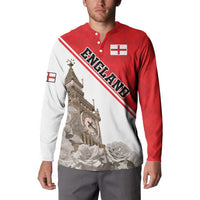 Red and white button sweatshirt with England chest print and diagonal flag banner