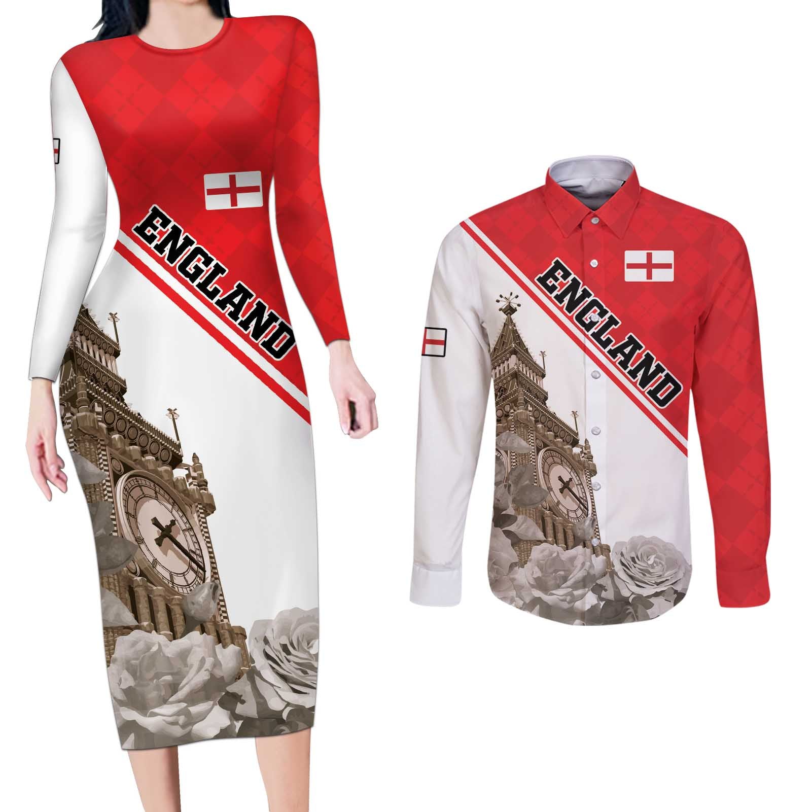 Custom England Rose Couples Matching Long Sleeve Bodycon Dress and Long Sleeve Button Shirt With Big Ben - Wonder Print Shop