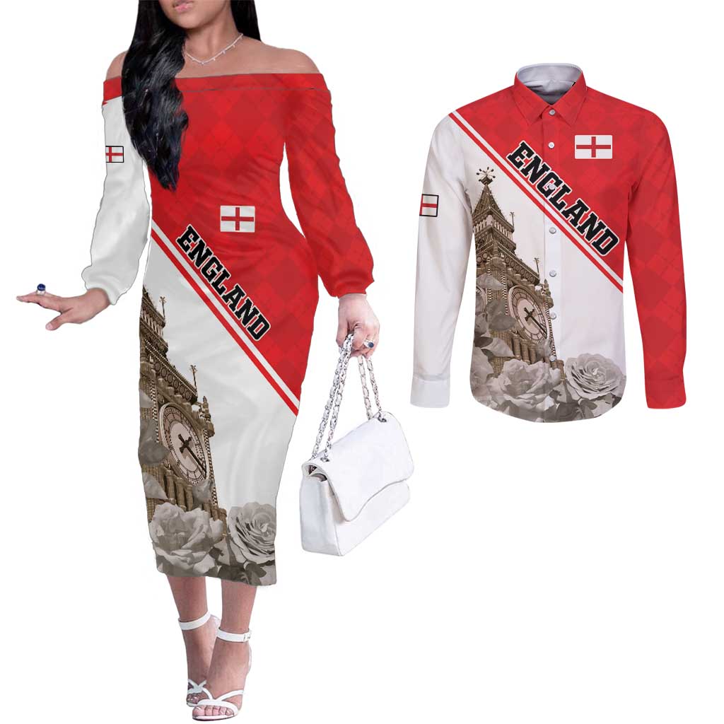 Custom England Rose Couples Matching Off The Shoulder Long Sleeve Dress and Long Sleeve Button Shirt With Big Ben