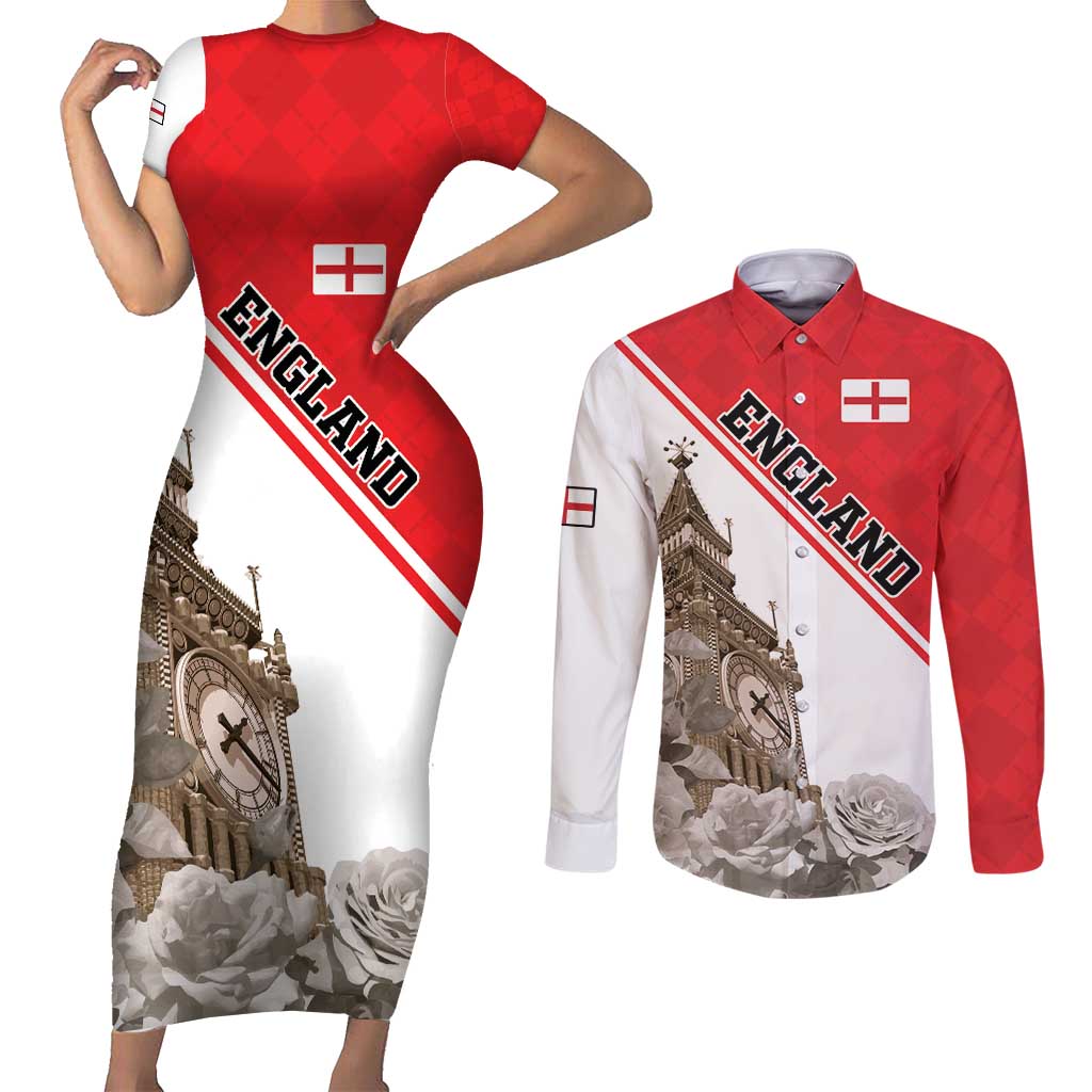 Custom England Rose Couples Matching Short Sleeve Bodycon Dress and Long Sleeve Button Shirt With Big Ben - Wonder Print Shop