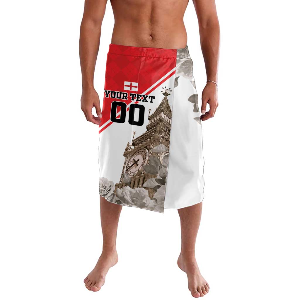 Men's custom lavalava swim shorts, white with red panel and Big Ben graphic