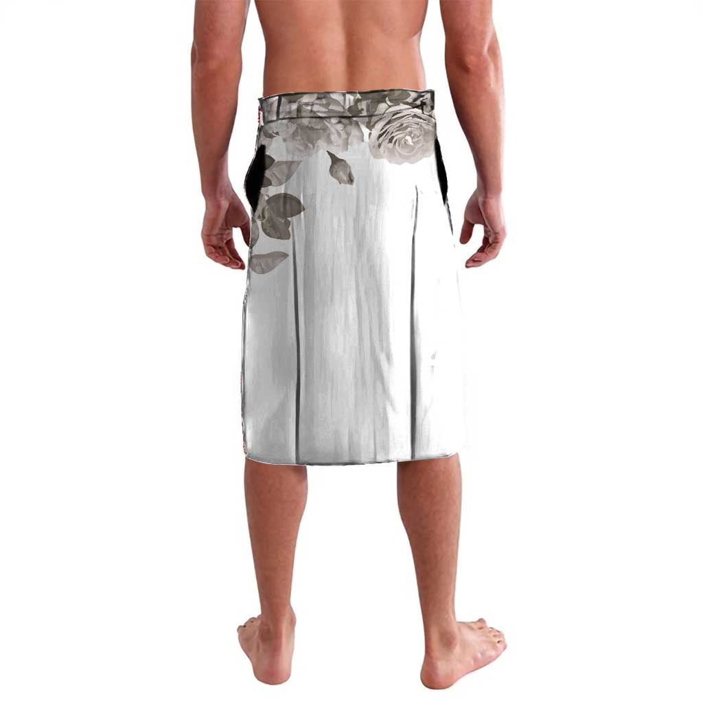 Men's custom lavalava swim shorts, white with gray rose pattern and border