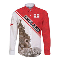Long sleeve button shirt in red and white with England text, Big Ben and roses print