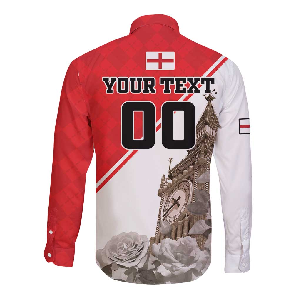 Long sleeve button shirt with back print: Your Text 00, red and white diagonal stripe