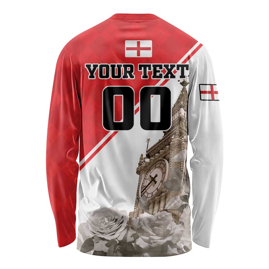 Unisex long sleeve shirt in red and white with back print YOUR TEXT 00, Big Ben and roses