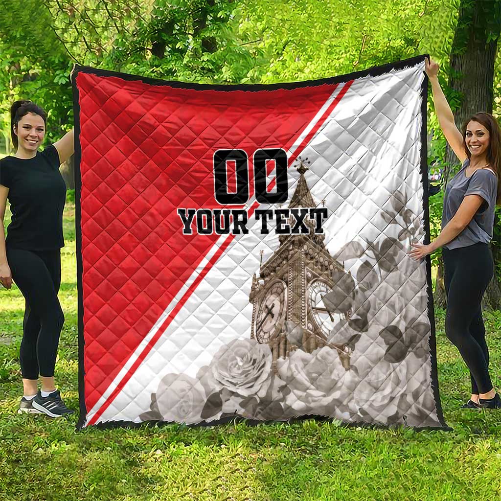 Red and white quilt outdoors, diamond quilting, Big Ben graphic with 'YOUR TEXT'.