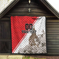 Red and white quilt indoors, diamond quilting, Big Ben graphic, and 'YOUR TEXT'.