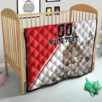 Red and white quilt on wooden crib, diamond quilting, Big Ben graphic and 'YOUR TEXT'.