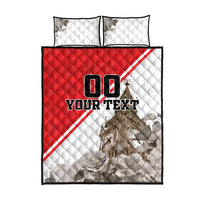 Red and white quilt bed set with quilted diamond pattern and “DO YOUR TEXT” graphic, plus 2 pillows.