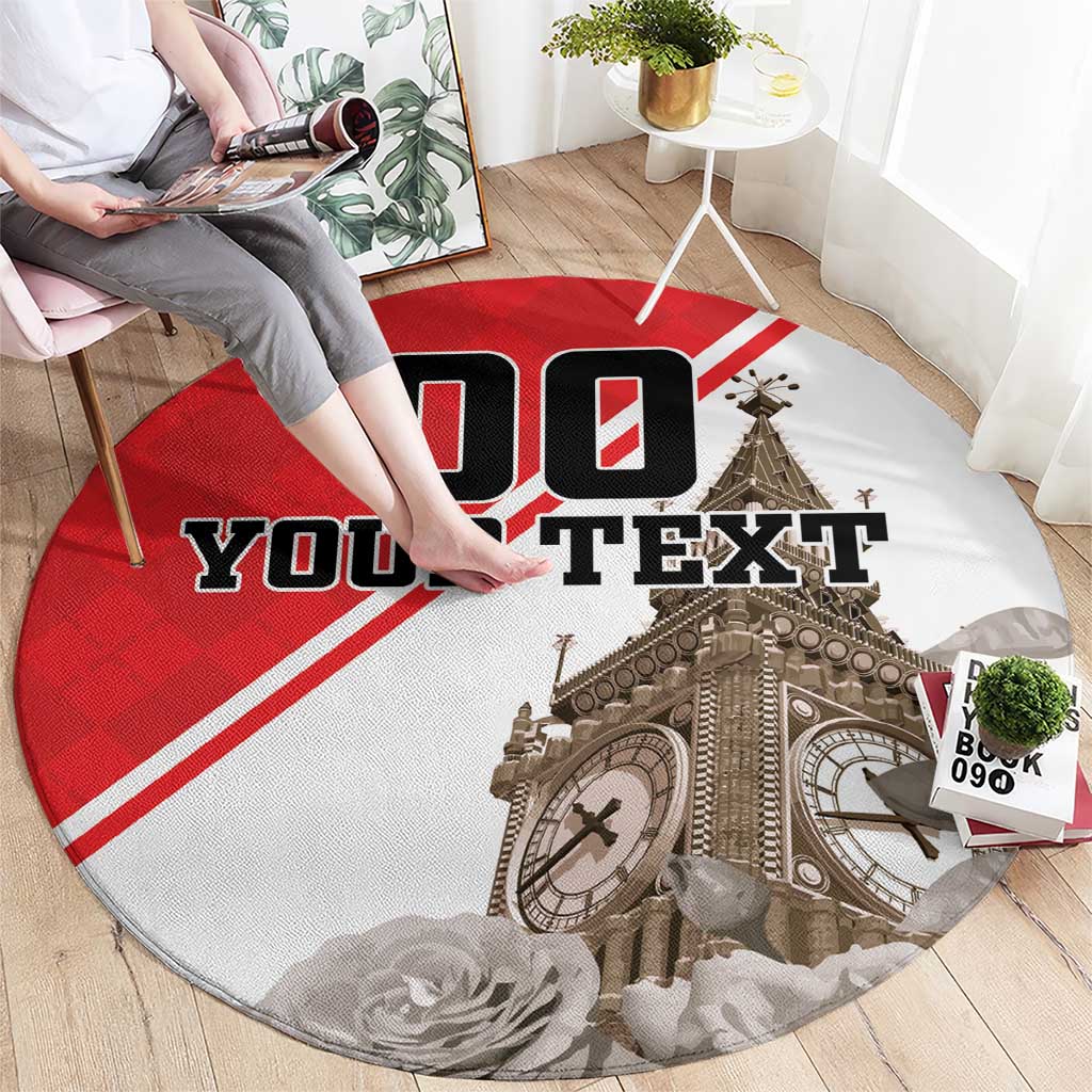 Round area rug with red-and-white center, 'YOUR TEXT' and Big Ben with rose accents