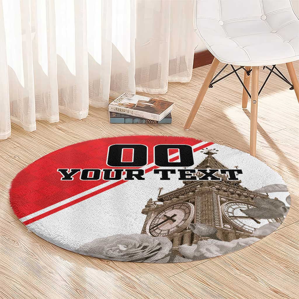 Round area rug with red-and-white design, 'YOUR TEXT' and Big Ben and rose graphics