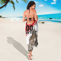 White sarong with red band and Big Ben rose print, custom text centered on back