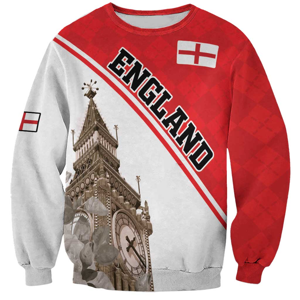 Unisex sweatshirt with red/white England print, Big Ben illustration, long sleeves.