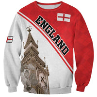 Unisex sweatshirt with red/white England print, Big Ben illustration, long sleeves.