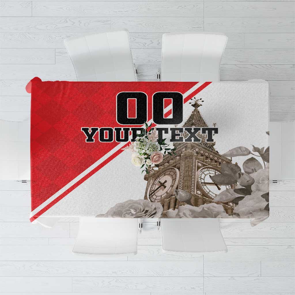 Custom tablecloth design with red stripe, floral details, and Big Ben collage on white