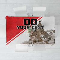 Custom tablecloth design with red stripe, floral details, and Big Ben collage on white
