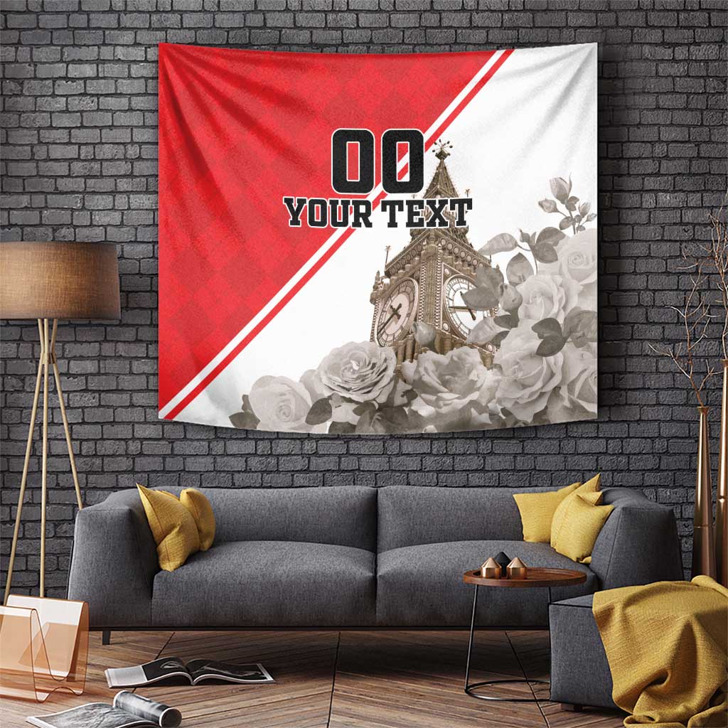 Wall-hanging tapestry with Big Ben, roses, and red/white diagonal ribbon