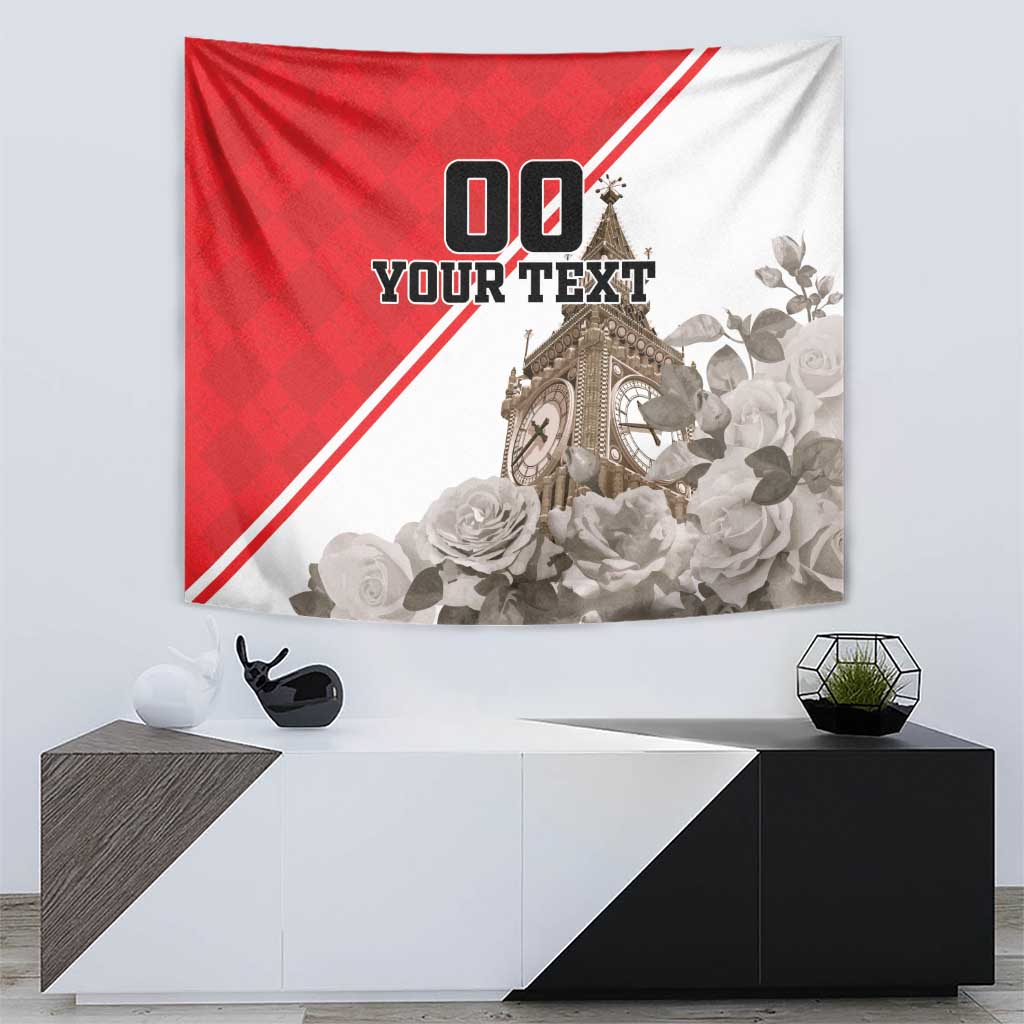 Wall-hanging tapestry with red/white diagonal design, Big Ben, roses, and '00 YOUR TEXT'