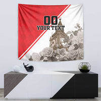 Wall-hanging tapestry with red/white diagonal design, Big Ben, roses, and '00 YOUR TEXT'