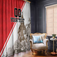 Red and white photo curtain panel with “YOUR TEXT,” clock tower, and gray rose pattern