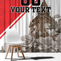 Red-and-white photo curtain with diagonal stripe, “YOUR TEXT,” and detailed clock tower