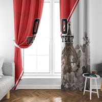 Red and white photo curtain panels with diagonal stripe, clock tower, and gray floral
