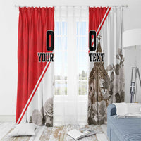 Red and white photo curtain pair with clock tower print, gray rose accents, and diagonal stripe