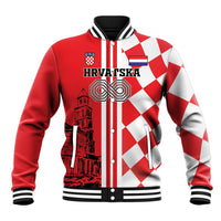 Red and white checkerboard baseball jacket with button front and ribbed collar cuffs