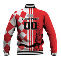 Red and white checkerboard baseball jacket with back graphic and ribbed hem cuffs