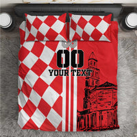 Red and white checkerboard duvet cover with two pillows, vertical stripe and skyline graphic