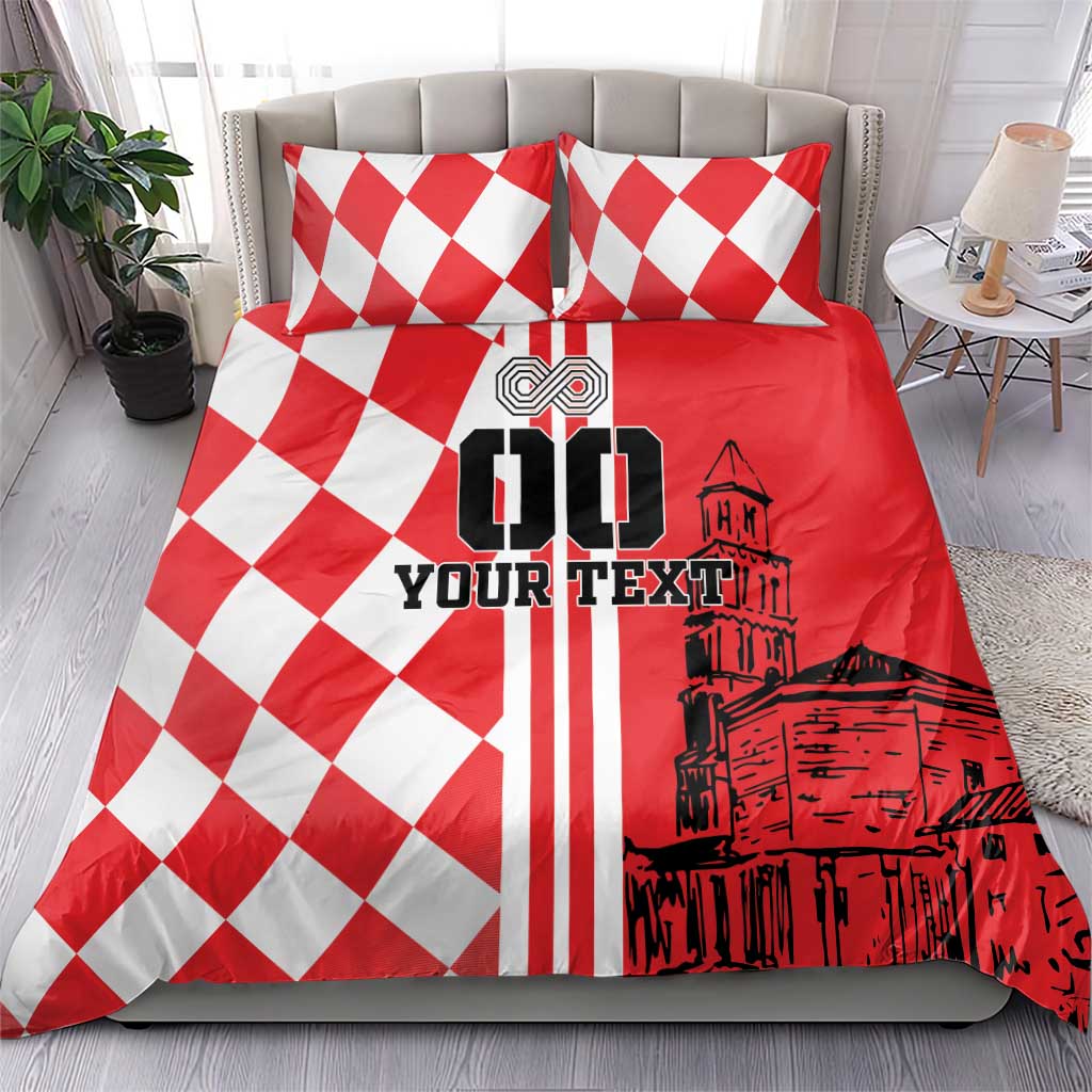 Red and white checkerboard bedding set with two pillows and bold skyline print on duvet
