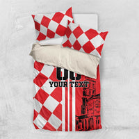 Red and white duvet set with two matching pillowcases, checkerboard and striped skyline design