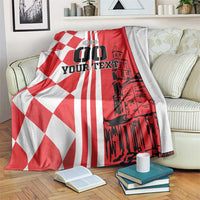 Red and white checkerboard blanket with 'YOUR TEXT' and skyline graphic