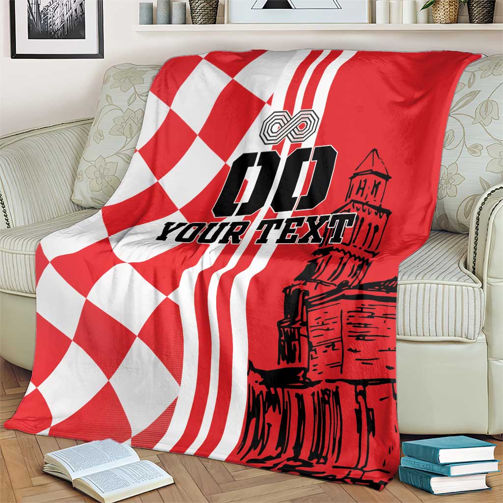 Red and white checkerboard blanket with 'YOUR TEXT' and black skyline illustration
