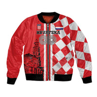 Red and white checkerboard bomber jacket with zipper front, Croatian crest and building graphic