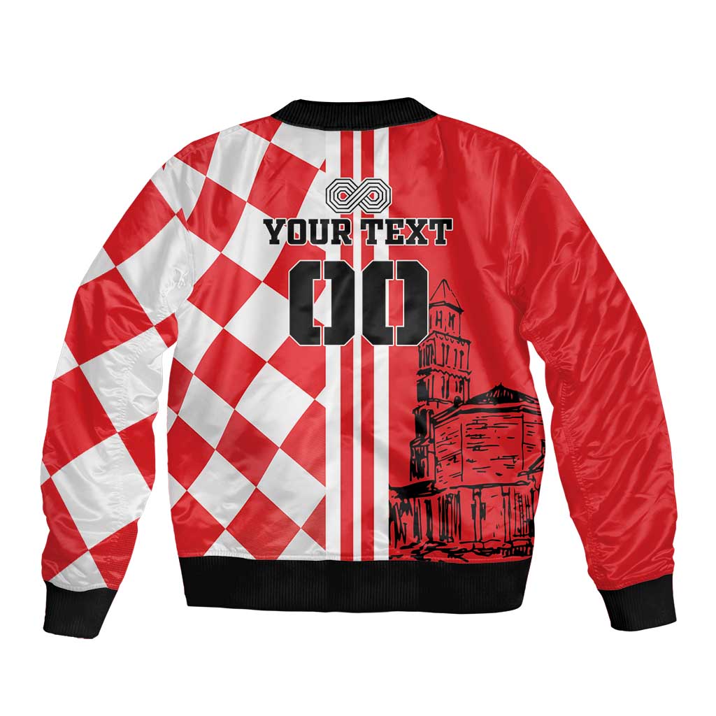 Red and white checkerboard bomber jacket back with YOURTEXT, crest, and city skyline graphic
