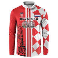 Red and white quarter-zip sweatshirt with “Hrvatska” print, crest, and checkerboard pattern