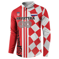 Red and white quarter-zip sweatshirt with “Hrvatska” text and central emblem graphic